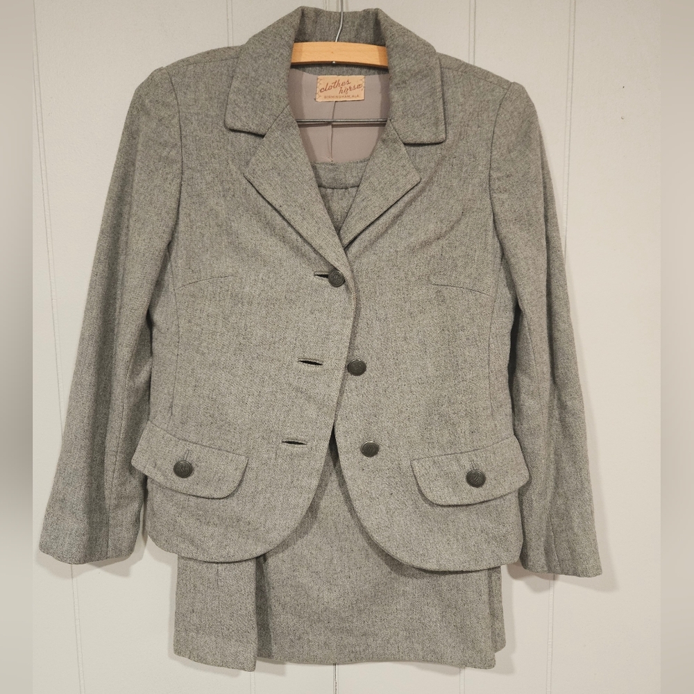Clothes Horse Suit 2 Piece Set Women's Gray Wool Jacket Skirt Petite PS See Desc
